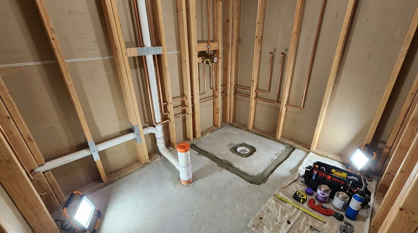 Bathroom rough-in plumbing during remodel by Johns Plumbing LLC in Elizabethville