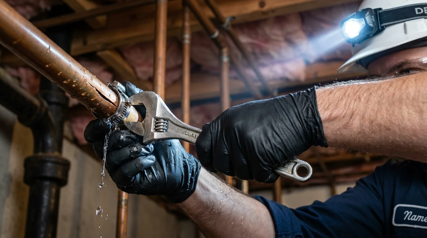 Emergency pipe clamp repair being performed by a Johns Plumbing LLC plumber in Elizabethville